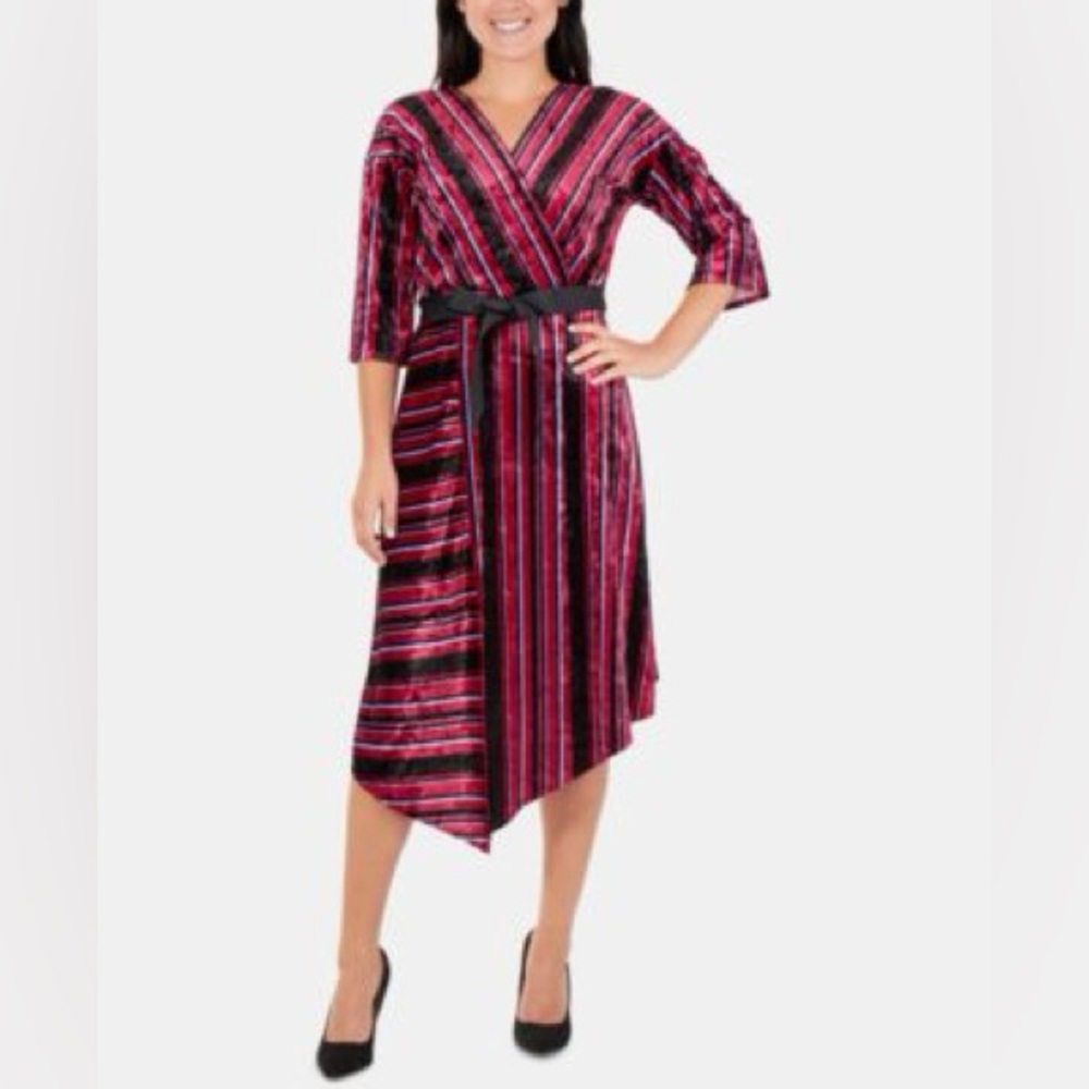 284M‎ NWT NY Collection Striped Velvet Faux-Wrap Dress - Size: PM